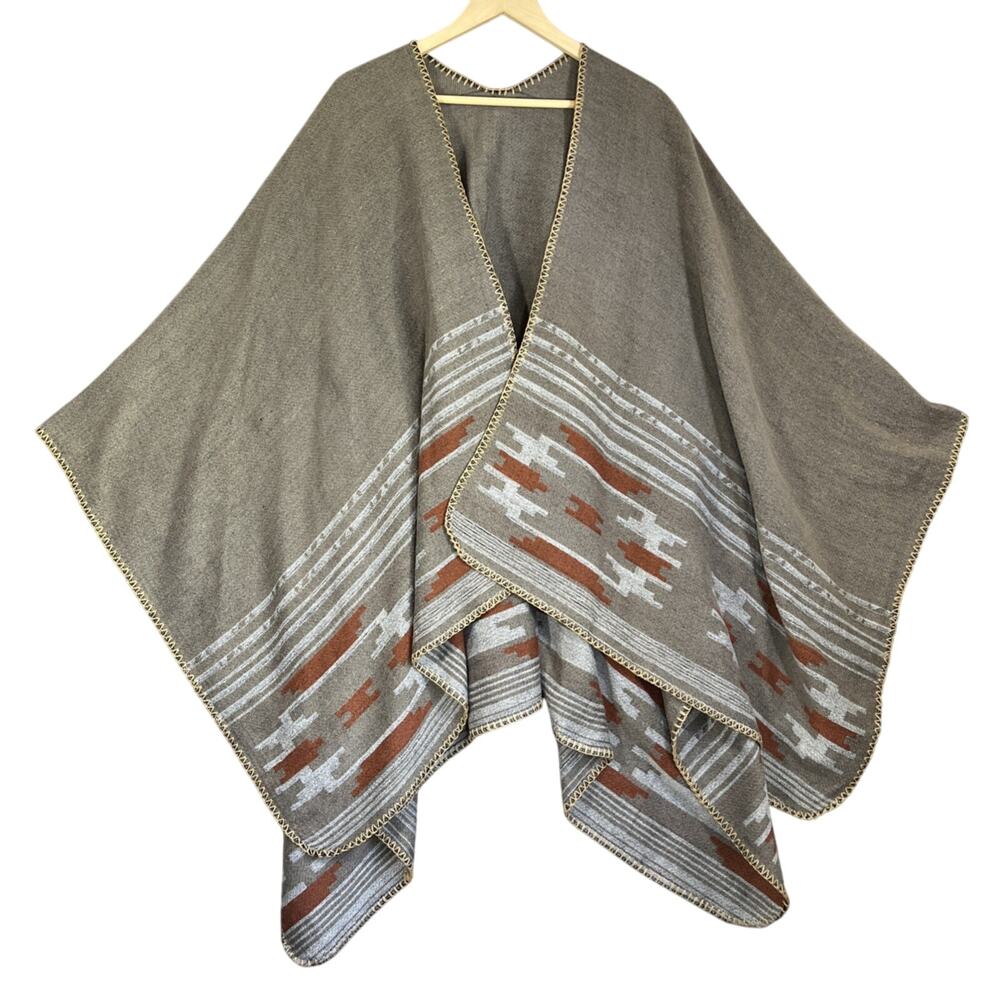 Urban Coco Southwestern Shawl Wrap Open Front Poncho Cape One Size Tan Rust Boho
